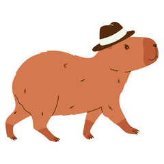 Cute capybara character. Funny rodent in hat. Hand drawn vector illustration.