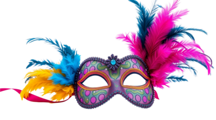 Vibrant Carnival Mask with Feathers  On White Background