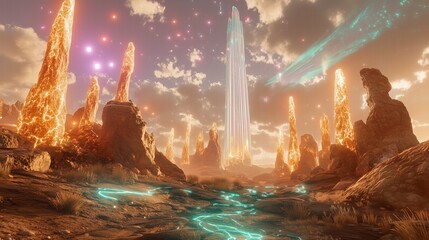 Fototapeta premium Futuristic Landscape with Glowing Energy Veins and Luminescent Rock Formations Surrounded by a Majestic Sky in a Sci-Fi Fantasy Setting