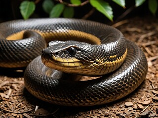Obraz premium Close-up of black snake coiled on forest floor showing shiny scales. Reptile wildlife concept