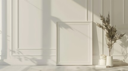 Fototapeta premium Blank White Frame Mockup with Pampas Grass and Shadow on White Wall