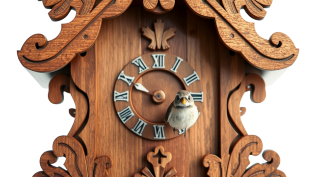 Traditional Wooden Cuckoo Clock with Bird  On White Background