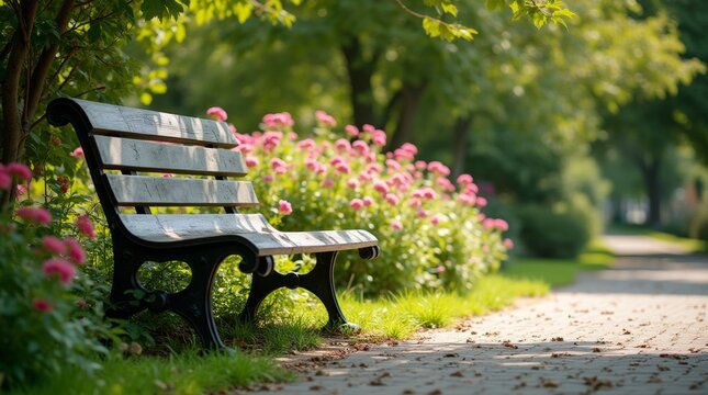 sunny park bench surrounded by blooming flowers