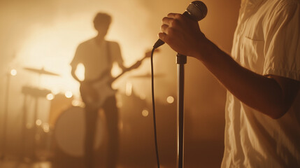 Singer with Retro Microphone in Smoky Concert Setting