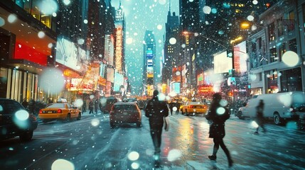 Vibrant City Street Scene on a Snowy Night Capturing Urban Life and Motion with Illuminated Billboards and Car Lights