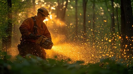 Firefighter using chainsaw in forest at sunset.