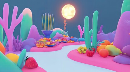 Vibrant Fantasy Landscape with Fruits and Cacti Under a Full Moon