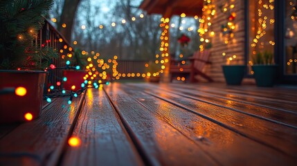 A wooden table is illuminated by Christmas lights on a deck