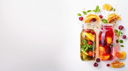 Fototapeta premium healthy superfoods anti-inflammatory concept. Refreshing fruit-infused drinks in jars with vibrant garnishes.