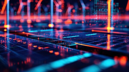 Futuristic Digital Landscape with Neon Lights and Abstract Data Visualization Elements