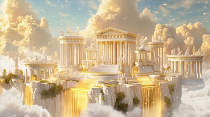 Majestic Ancient Greek Architecture Set Atop Mount Olympus with Golden Light and Cloudy Skies, Depicting a Heavenly Scenery and Divine Serenity in a Reimagined Classical Landscape