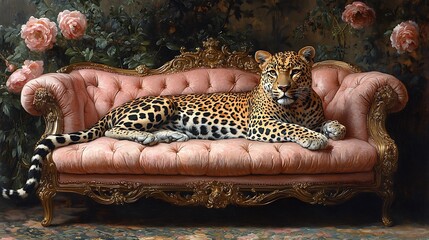 Majestic leopard lounging elegantly on a pink velvet chaise lounge amidst lush roses.
