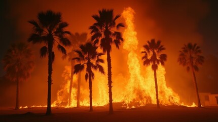 Obraz premium Palm trees being consumed by flames, creating a chaotic and dangerous scene with bright fire against the dark night sky.