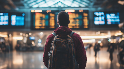 Traveler in modern transit terminal at night. Ideal for travel services, urban mobility, or journey experiences.