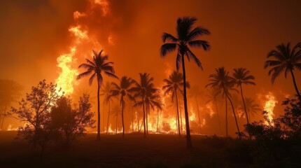Obraz premium Palm trees burning in a wildfire, with thick smoke and flames rising, a dramatic and destructive tropical scene.