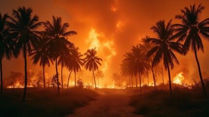 Palm trees burning in a wildfire, with thick smoke and flames rising, a dramatic and destructive tropical scene.