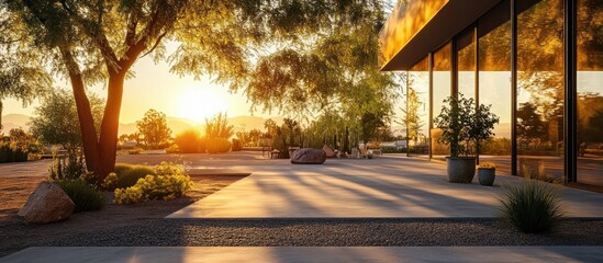 Sunset illuminating modern building's patio and landscaping.