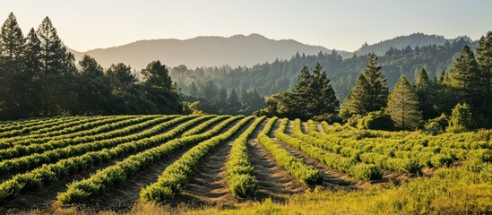Sunrise over rows of green plants in a rural landscape with mountains in the background.