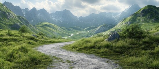 Winding mountain road through lush green valley.
