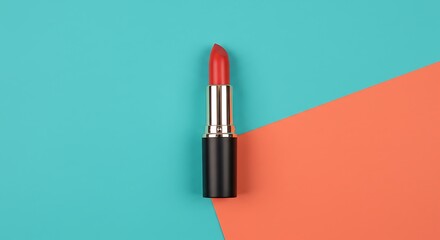 Elegant Lipstick Tube on Vibrant Teal and Coral Background