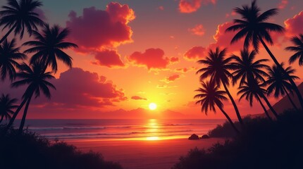 Fototapeta premium Silhouettes of palm trees against a stunning sunset on a tropical beach, creating a calm and scenic evening atmosphere.