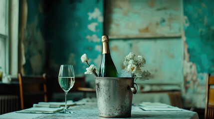 Fototapeta premium Dessert Wine, A chilled dessert wine bottle sits elegantly in a silver ice bucket, showcasing luxury and sophistication in a high-definition image.