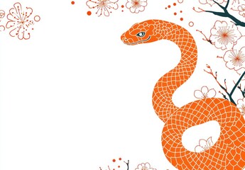 Fototapeta premium Elegant Orange Snake Amidst Delicate Cherry Blossoms: A Serene Japanese-Style Artwork