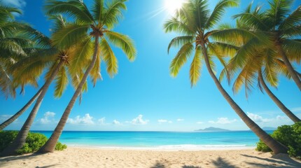 Fototapeta premium Tall palm trees on a sandy beach with a clear ocean and bright blue sky, creating a serene tropical atmosphere.