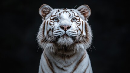 Majestic white tiger portrait against black background.