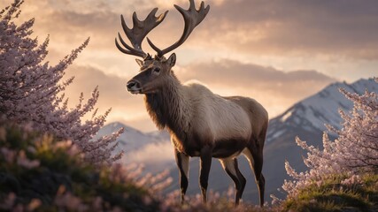 A majestic deer stands among blooming cherry blossoms with mountains in the background.