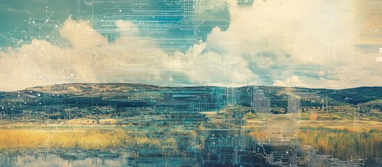 Serene landscape with digital overlay, showcasing nature and technology blend.