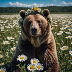 Obraz premium A bear wearing a flower crown, sitting in a field of daisies with a vivid blue sky.