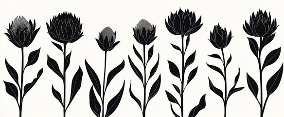 Elegant Black and White Protea Flower Silhouettes: A Stunning Floral Design Collection, Perfect for Artistic Projects and Creative Inspiration.