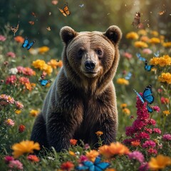 Obraz premium A bear cub playing with butterflies in a vivid garden full of bright flowers.
