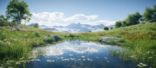 Fototapeta premium Serene mountain lake reflecting sky, clouds, and snow-capped peaks. Lush green meadows and wildflowers surround calm water.