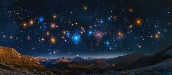Fototapeta premium Night sky over majestic mountains, vibrant stars and nebulae.