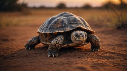 Fototapeta premium A tortoise on a sandy landscape during sunset.