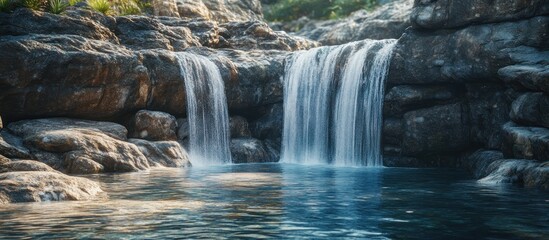 Serene waterfall cascading into a tranquil pool surrounded by rocks.