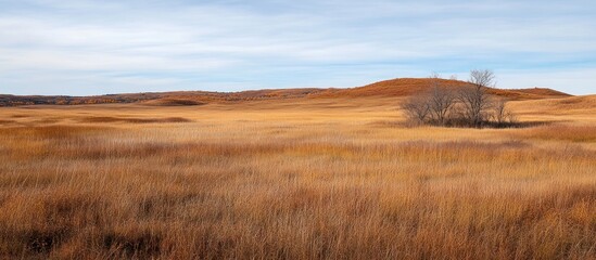 Fototapeta premium Expansive autumn prairie landscape with golden grasses and a lone tree.
