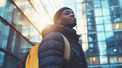 Young African American student looking up at urban skyscrapers. Perfect for educational aspirations, urban university life, and future career goals.