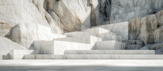 White marble steps against a rocky mountain backdrop.