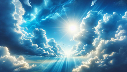 Bright blue sky with fluffy white clouds illuminated by sunlight during a clear day, creating a serene atmosphere for outdoor activities