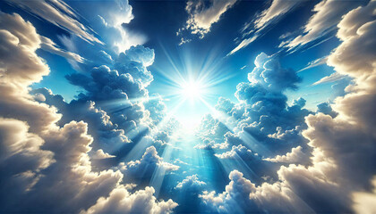 Bright blue sky with fluffy white clouds illuminated by sunlight during a clear day, creating a serene atmosphere for outdoor activities