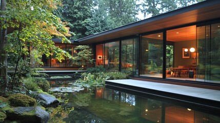 A minimalist modern home with large glass windows, nestled beside a serene pond and garden, blending seamlessly with nature
