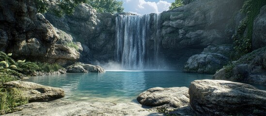 Naklejka premium Serene waterfall cascading into a tranquil pool, surrounded by lush greenery and rocky cliffs.