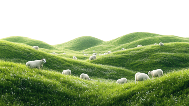 Sheep grazing in a lush green landscape.