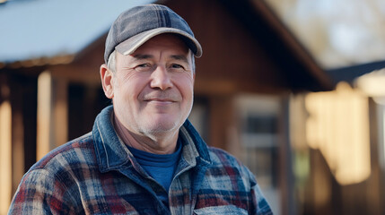 Friendly maintenance contractor in work attire outdoors. Perfect for home services, skilled trades, and reliable expertise.