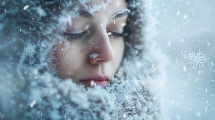 Close Up of Woman's Face Covered in Snow with Falling Snowflakes