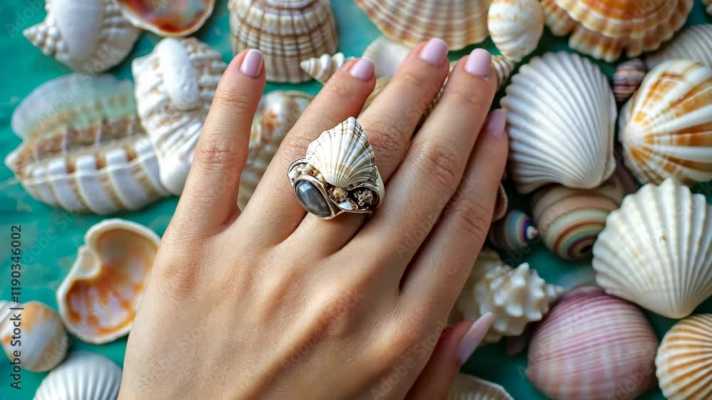 Poster hand adorned with seashell ring surrounded by assorted seashells on a turquoise surface, hand wearin