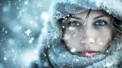 Close-Up Portrait of Woman with Blue Eyes in a Snowstorm Wearing Scarf and Hood